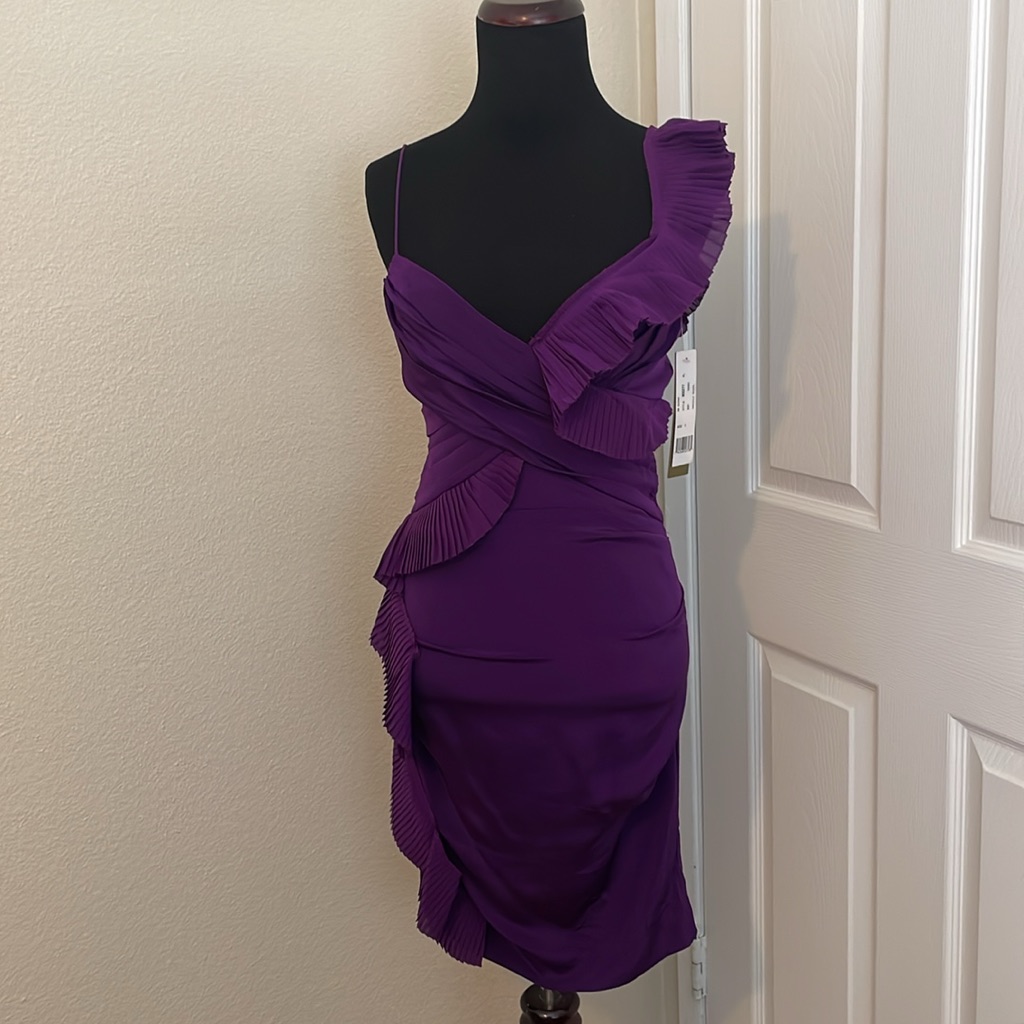 New Nicole Miller Plum Purple Silk Drape Ruffle Dress